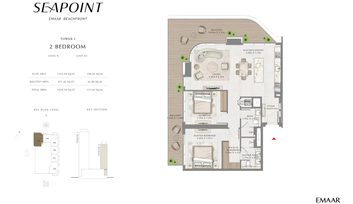 EMAAR Seapoint Development 2 BR Floor Plan 1,634 Sq. Ft.