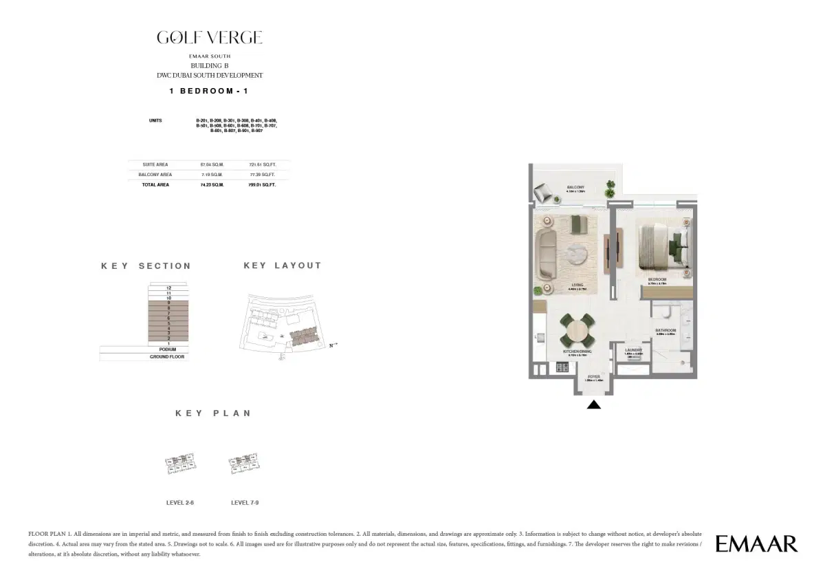 Golf Verge EMAAR South Dubai 1 BR Floor Plan 799 Sq. Ft.