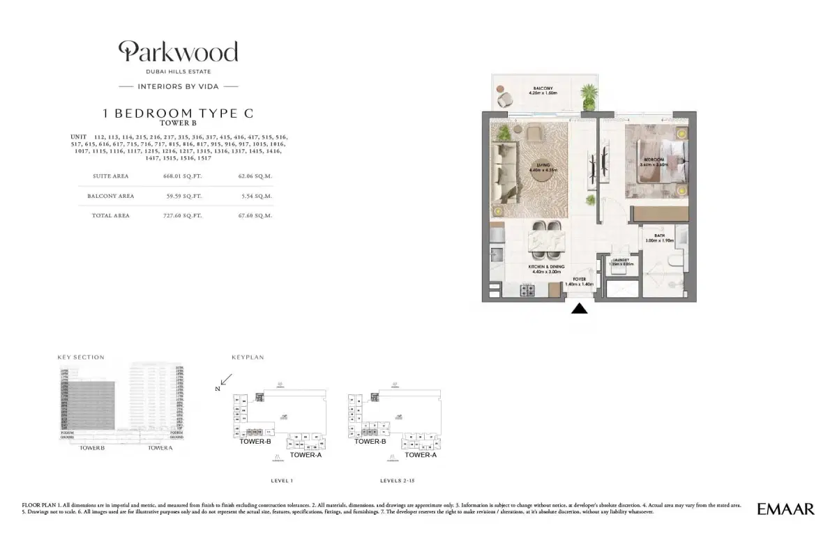 Emaar Parkwood 1 BR Floor Plan 727 Sq. Ft.