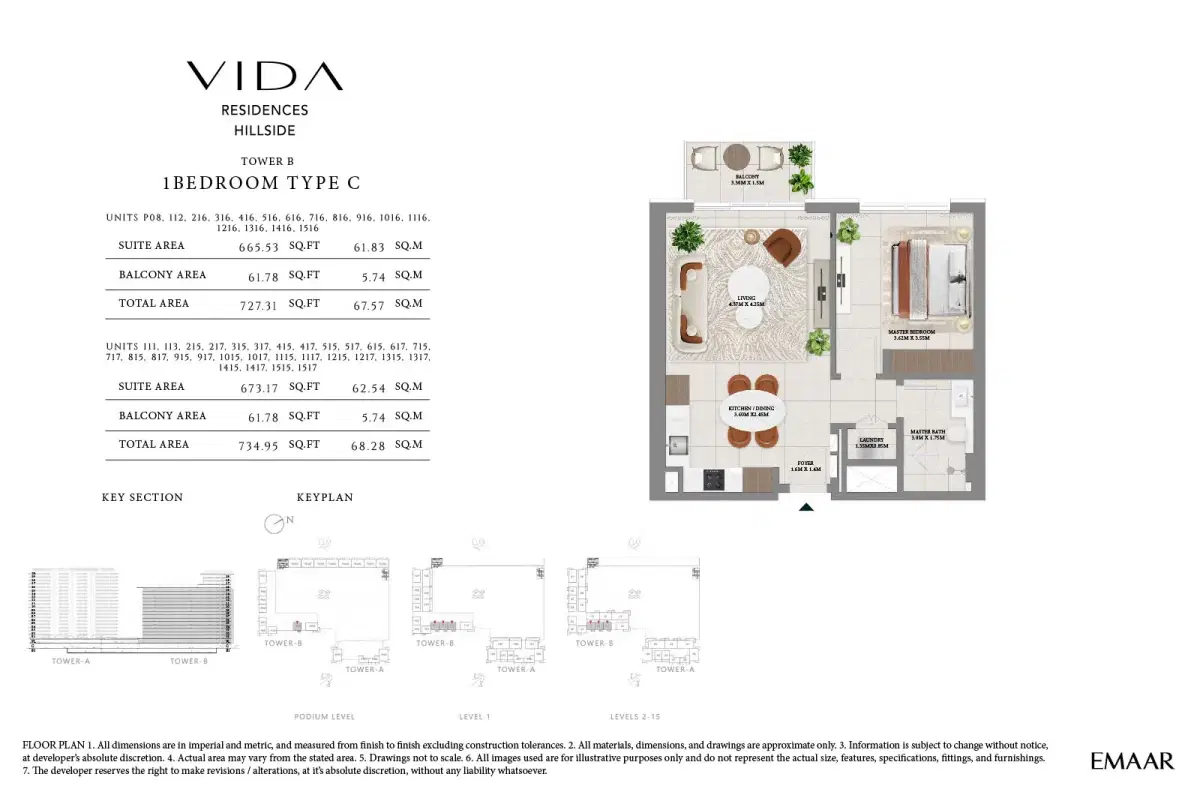 Emaar Vida Residences Hillside At Dubai Hills Estate 1 Bedroom-1 Floor Plan