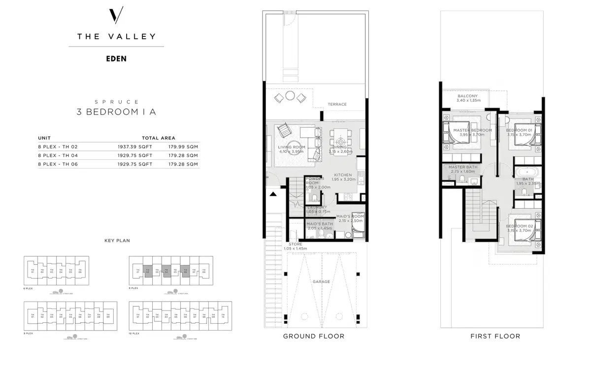 EMAAR The Valley Eden Dubai 3 BR Floor Plan 1,929 Sq. Ft.