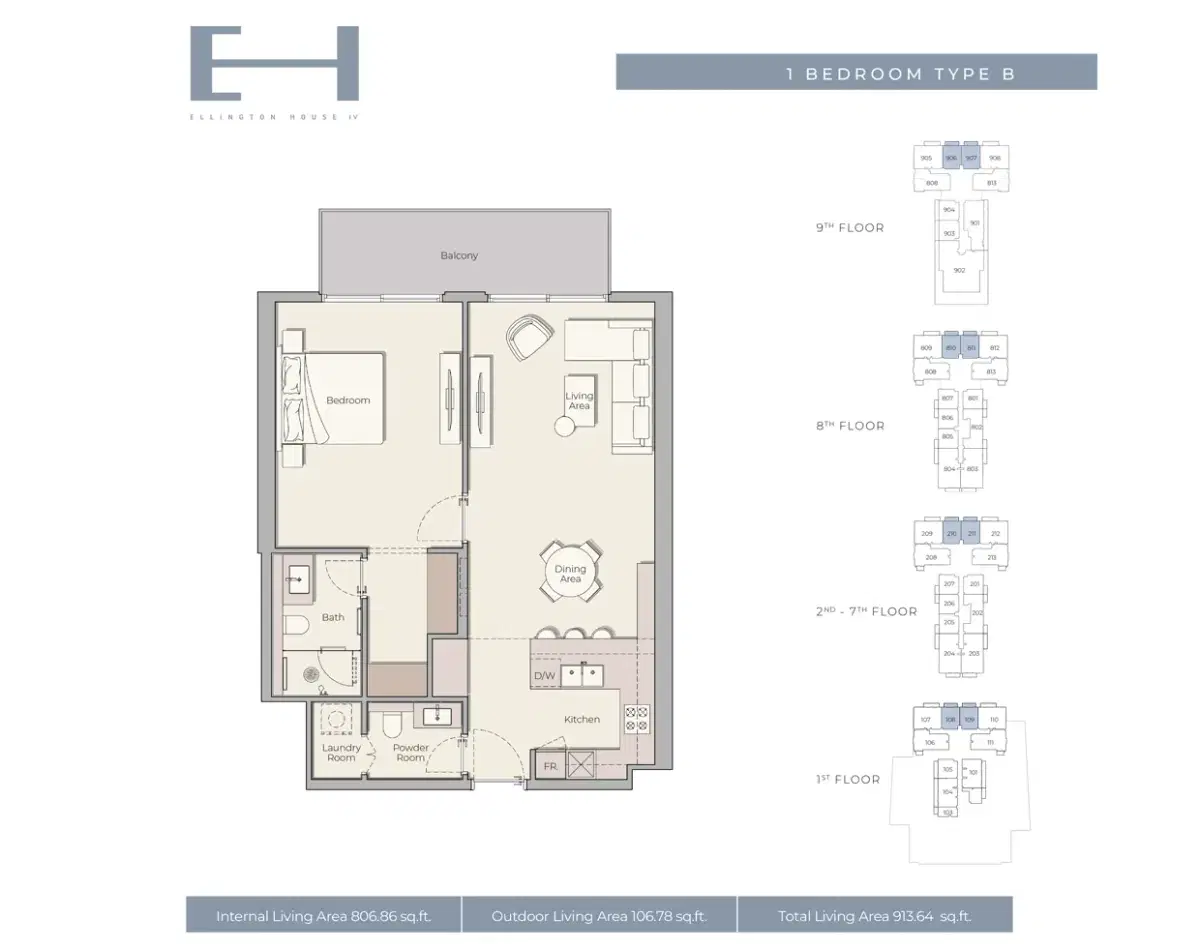 Ellington House 4 Dubai 1 BR Floor Plan 913 Sq. Ft.