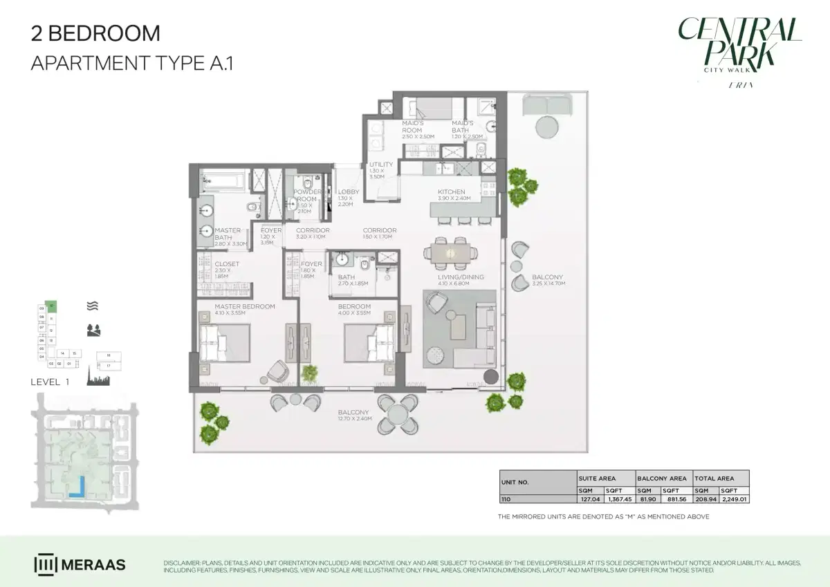 Erin Central Park Dubai 2 BR Floor Plan 2,249 Sq. Ft.
