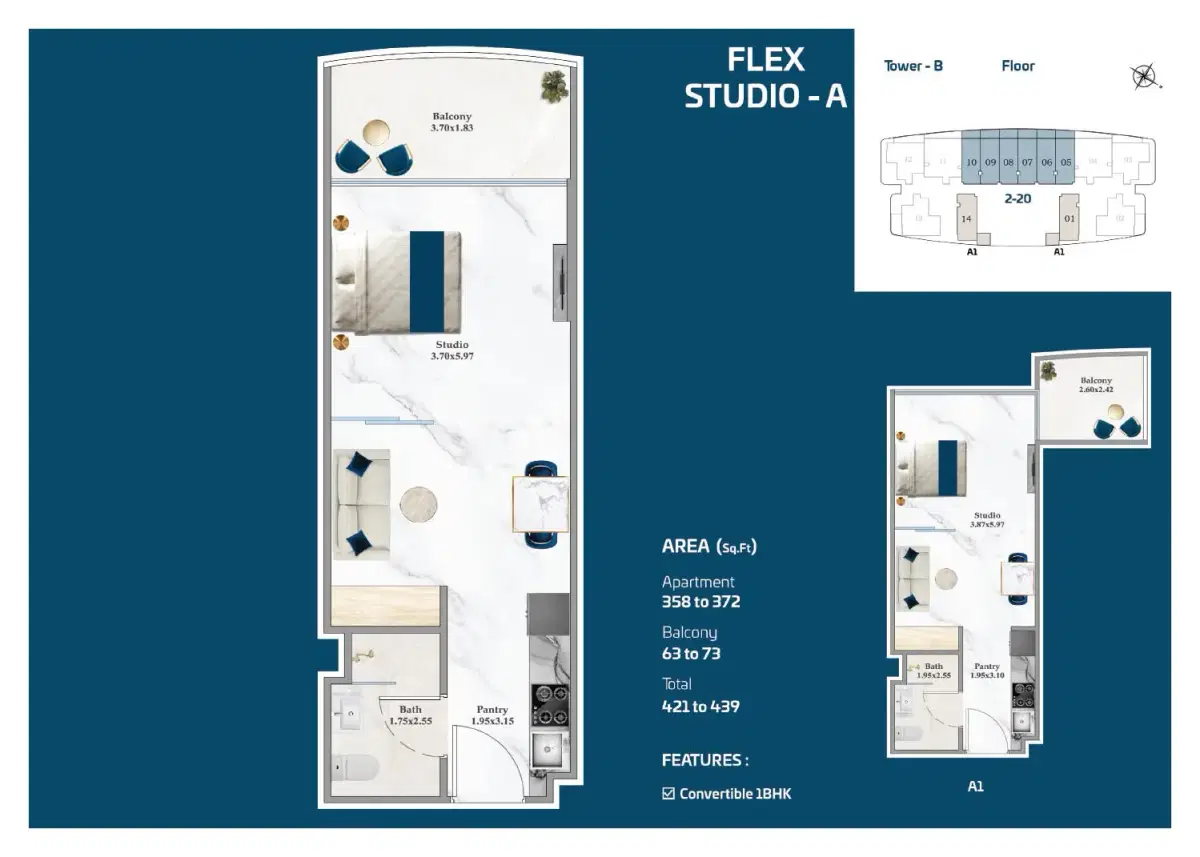 Serenz by Danube Studios Floor Plan 439 Sq. Ft.