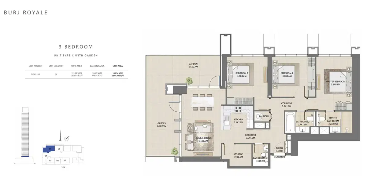 EMAAR Burj Royale Dubai 3 BR Floor Plan 1,685 Sq. Ft.