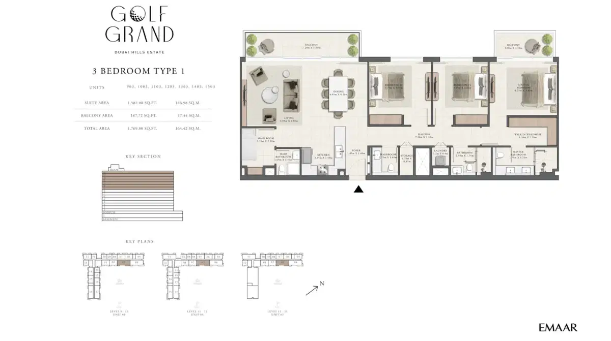 EMAAR Golf Grand Dubai 3 BR Floor Plan 1,769 Sq. Ft.