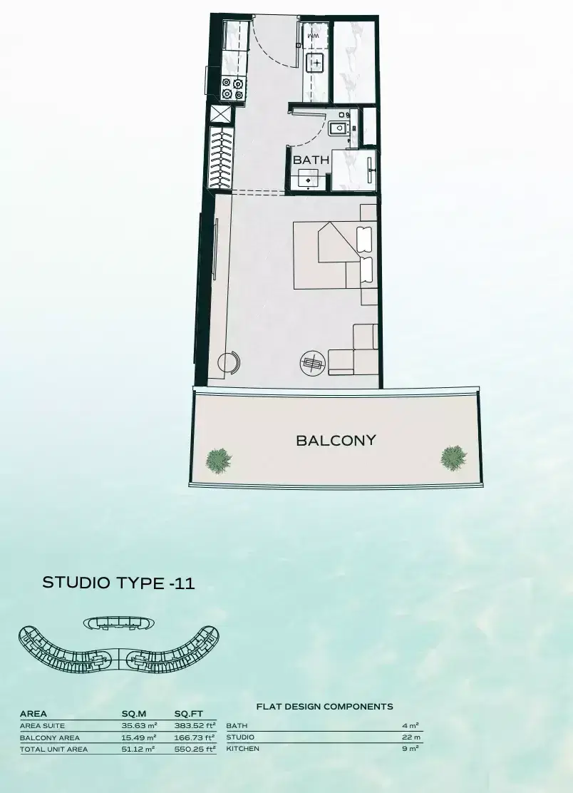 Binghatti Aquarise at Business Bay Dubai Studios Floor Plan 550 Sq. Ft.