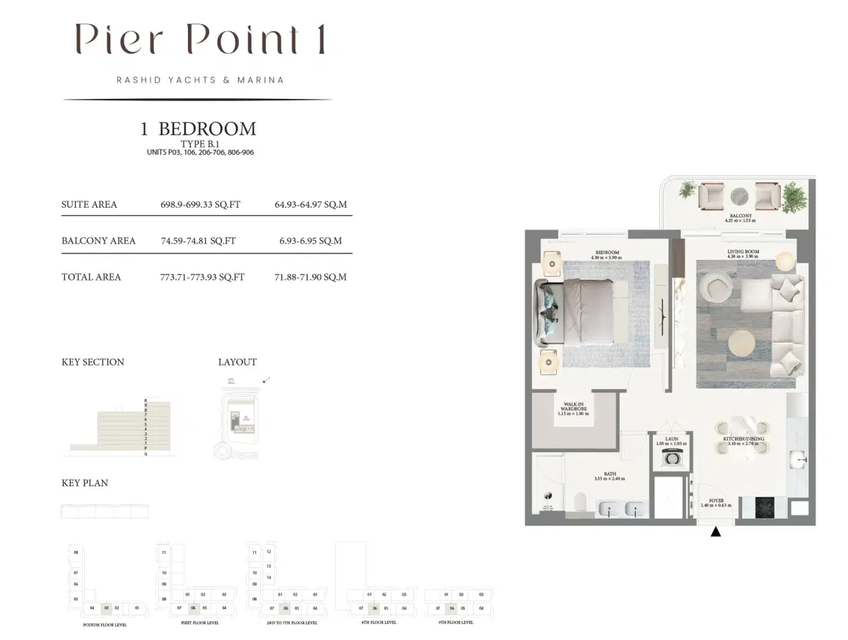 Emaar Pier Point Dubai 1 BR Floor Plan 773 Sq. Ft.