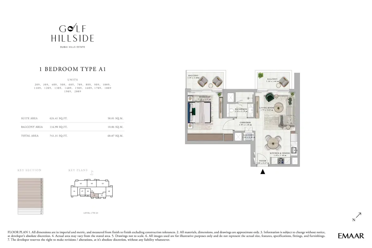 Emaar Golf Hillside In Dubai Hills Estate 1 BR Apartment Floor Plan