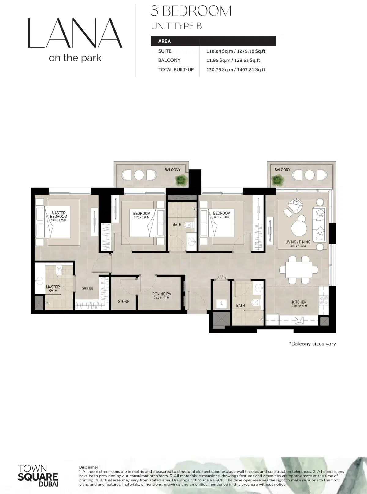 Nshama Lana On The Park Dubai 3 BR Floor Plan 1,407 Sq. Ft.