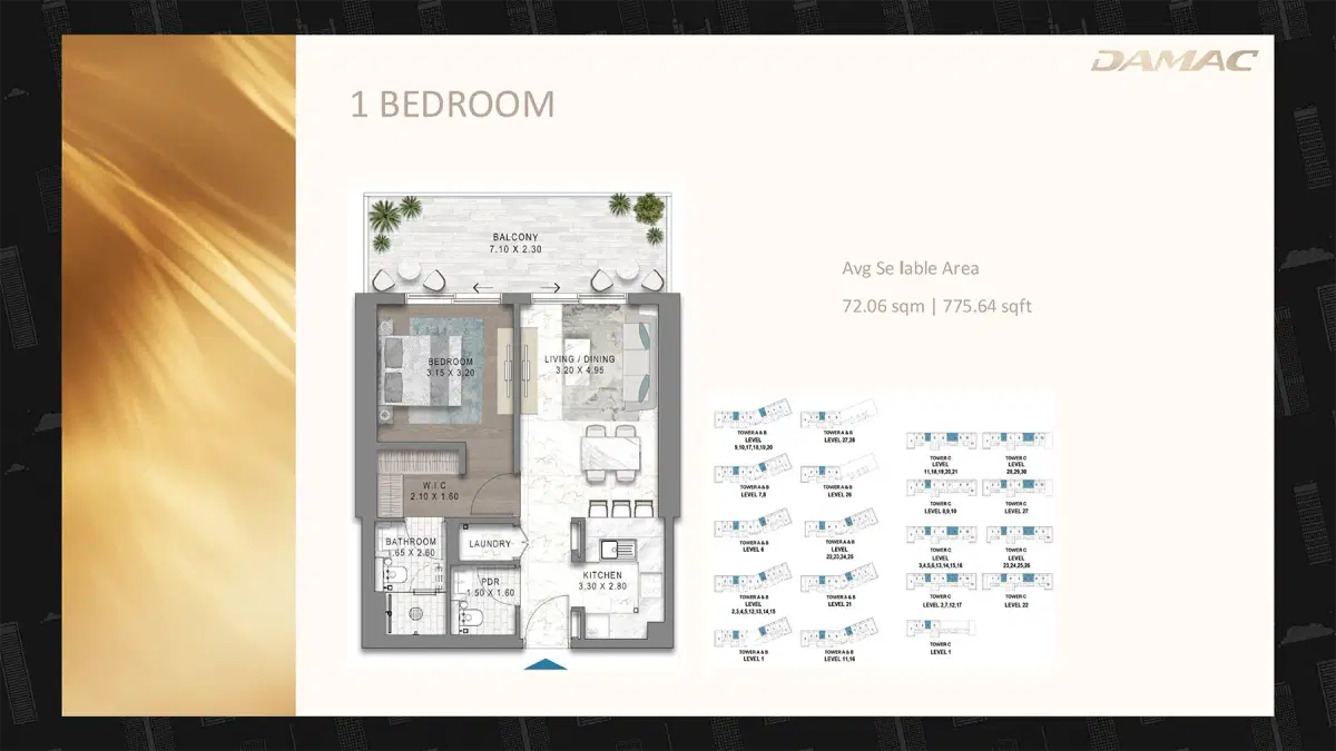 DAMAC Seacrest 1 BR Floor Plan 775 Sq. Ft.