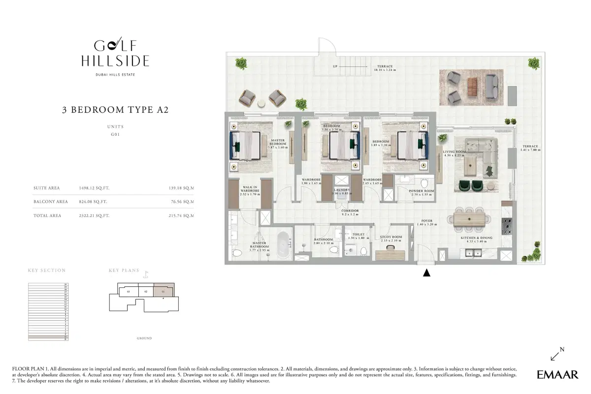 Emaar Golf Hillside In Dubai Hills Estate 3 BR Apartment Floor Plan