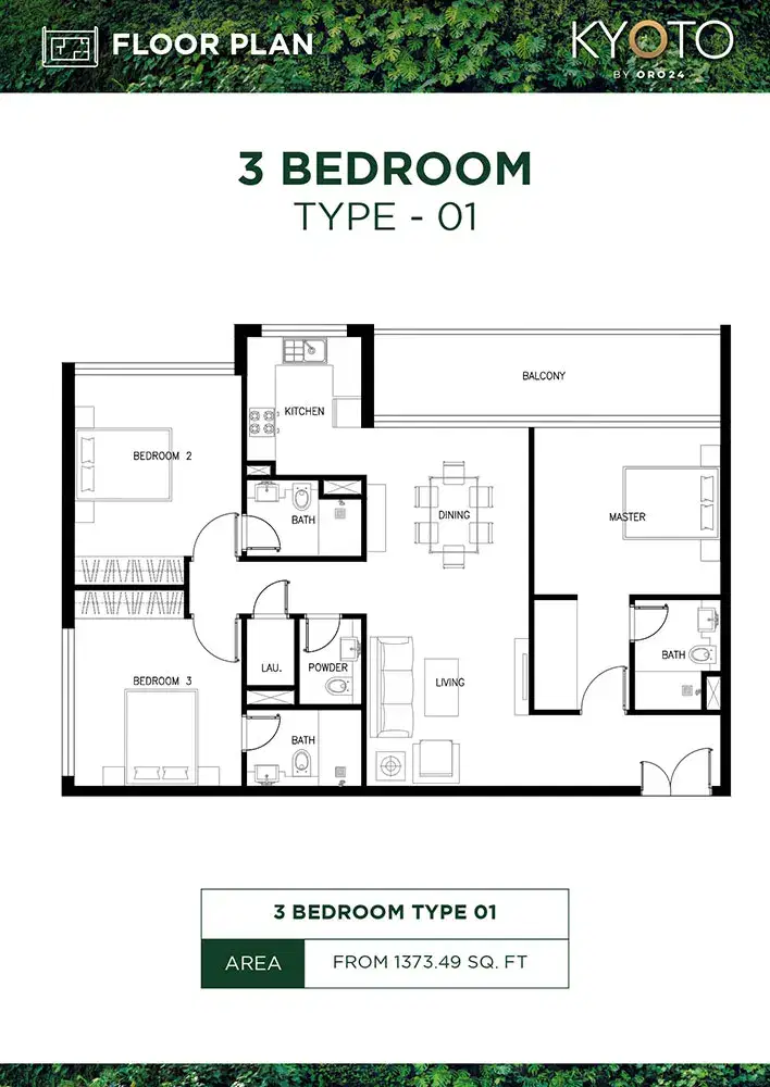 Kyoto by ORO24 at Arjan Dubai 3 BR Floor Plan 1,373 Sq. Ft.