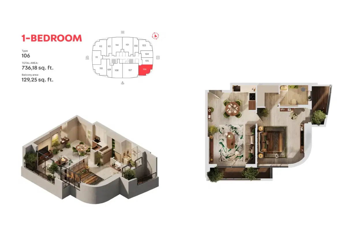 MAG 777 Dubai 1 BR Floor Plan 736 Sq. Ft.