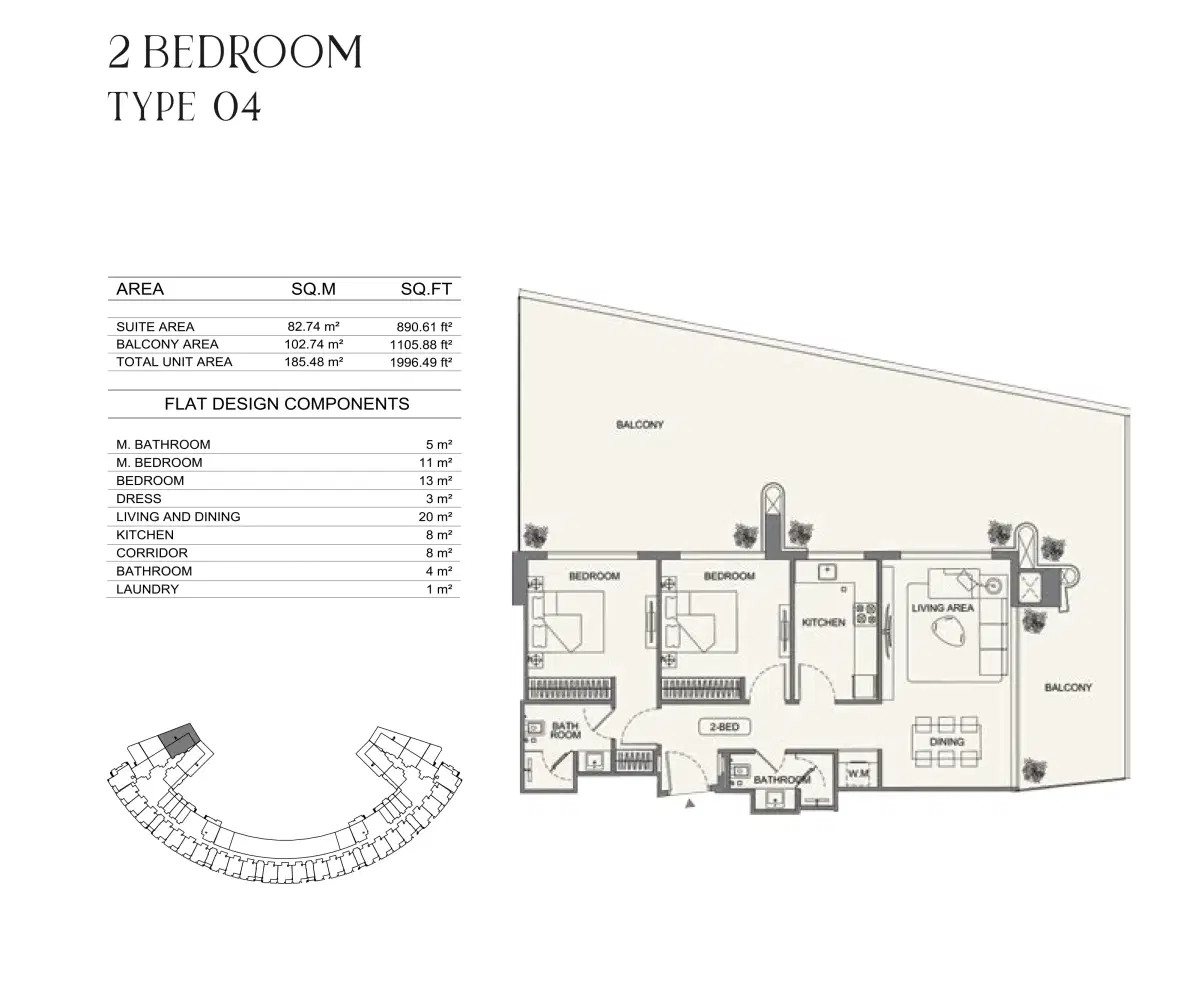 Binghatti Wraith at Al Jaddaf 2 BR Royal Suite Floor Plan 1,996 Sq. Ft.