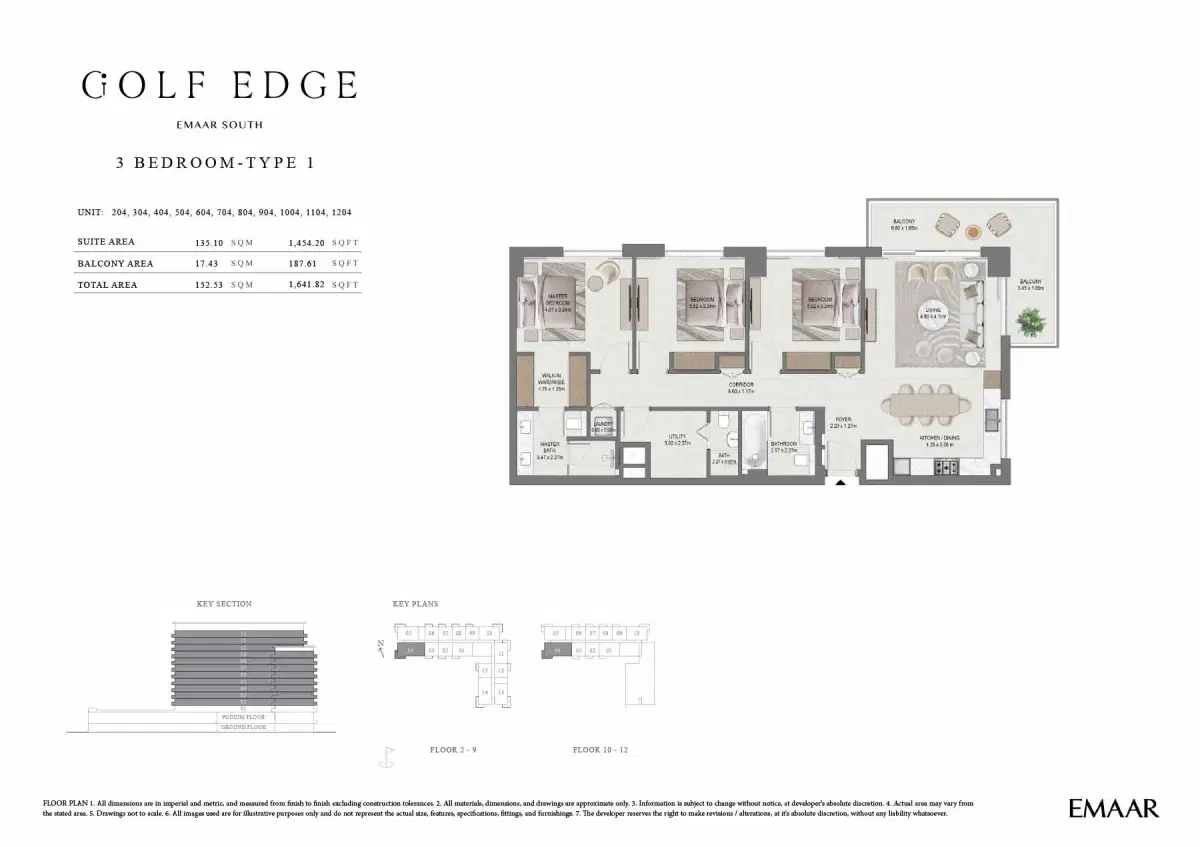 Emaar Golf Edge 3 BR Floor Plan 1,641 Sq.