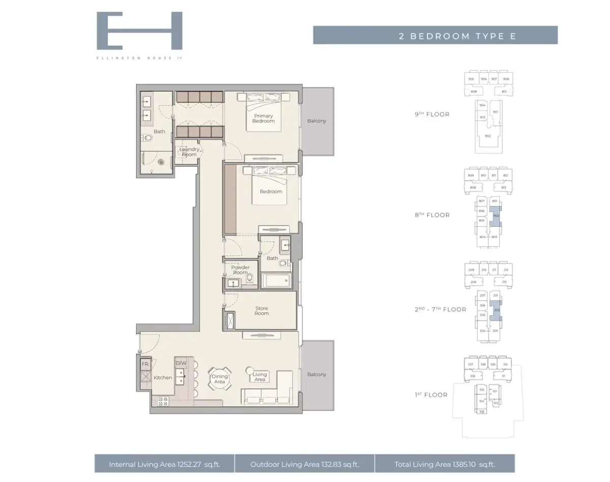 Ellington House 4 Dubai 2 BR Floor Plan 1,385 Sq. Ft.
