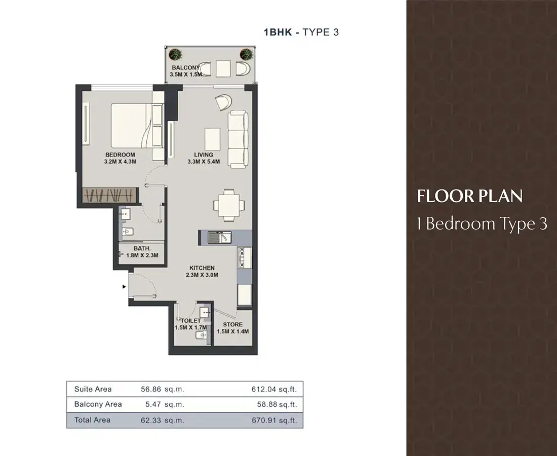 1 BR Floor Plan 670 Sq. Ft.