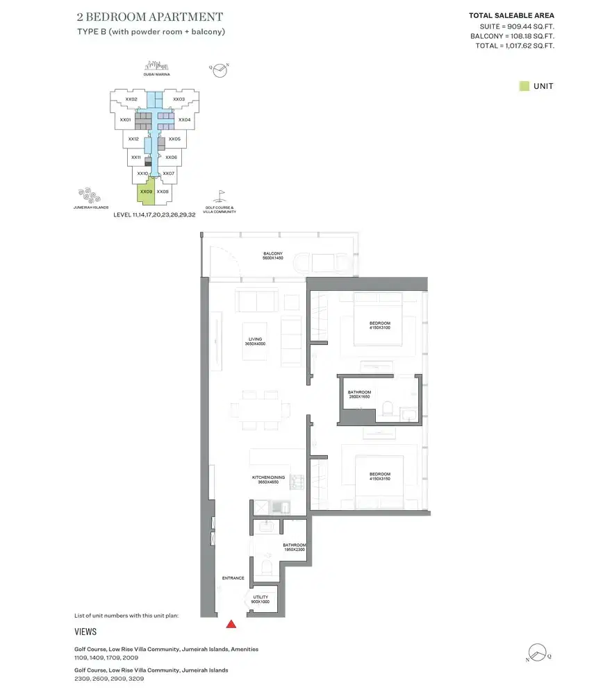 SOBHA Verde Dubai 2 BR Floor Plan 1,017 Sq. Ft.