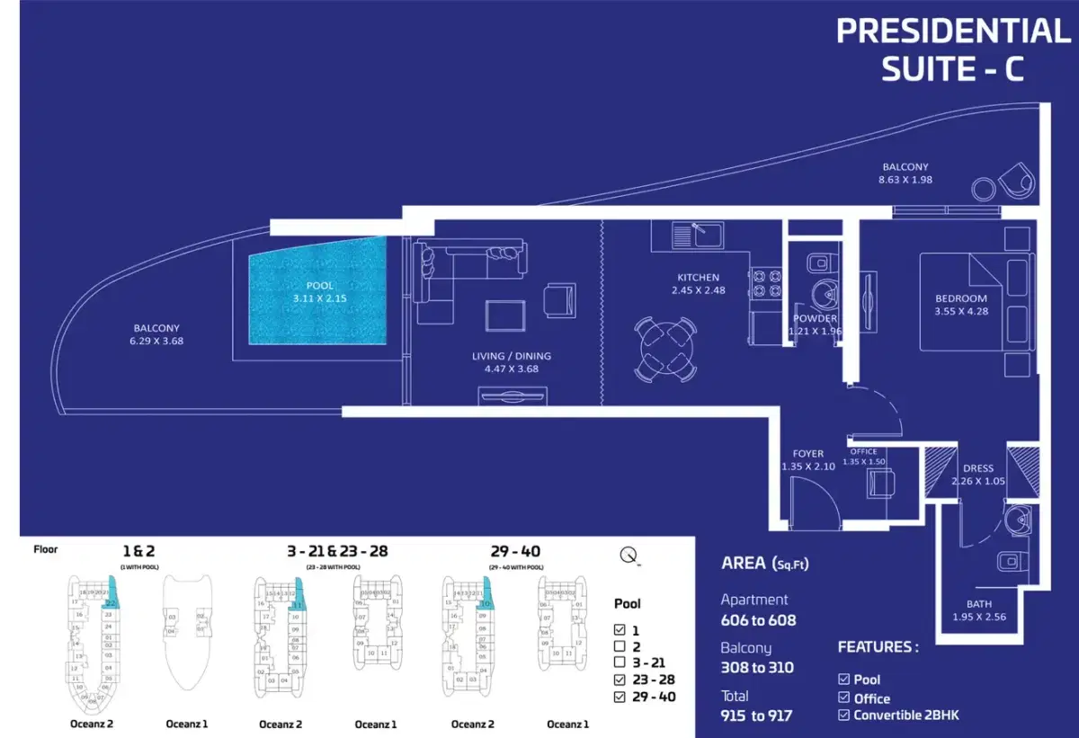 Oceanz by Danube Dubai 1 BR Floor Plan 917 Sq. Ft.