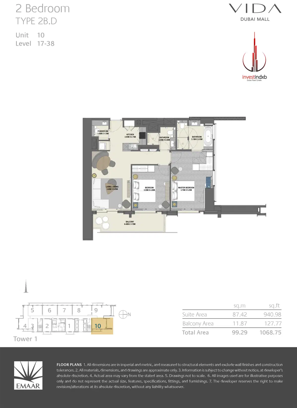 EMAAR Vida Dubai Mall Residences 2 BR Floor Plan 1,068 Sq. Ft.