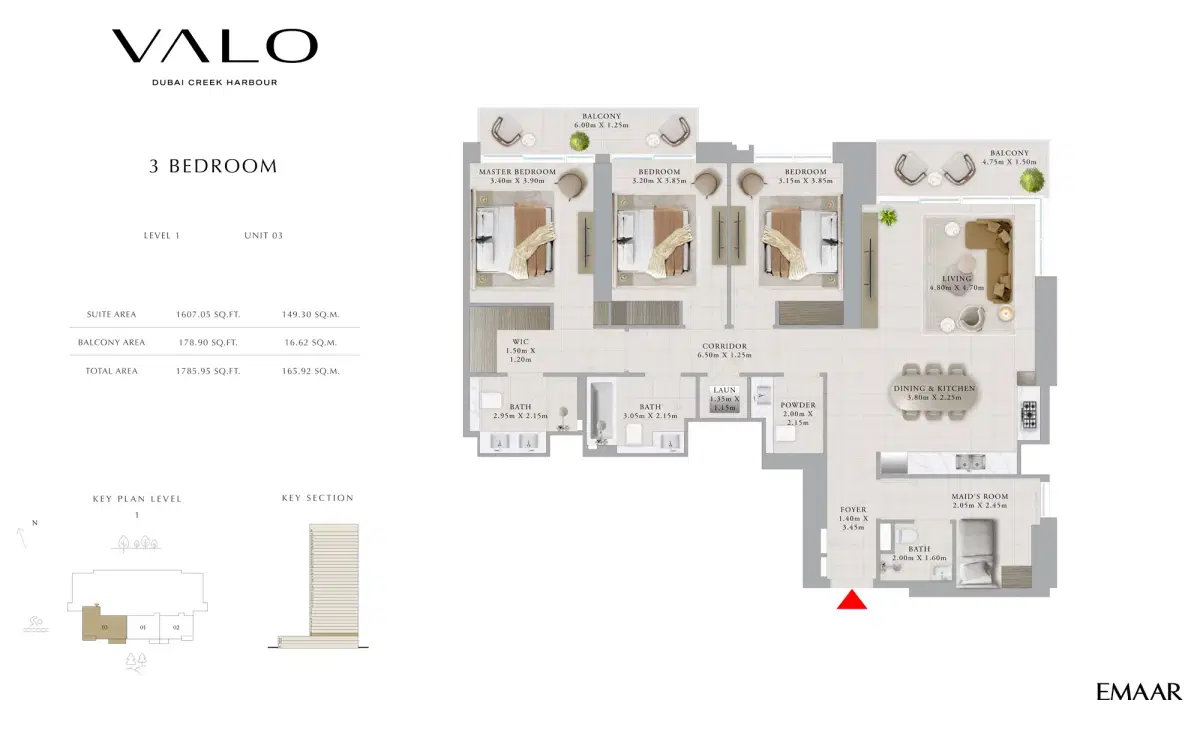 Emaar Valo Dubai 3 BR Apartment Floor Plan 1,785 Sq. Ft.