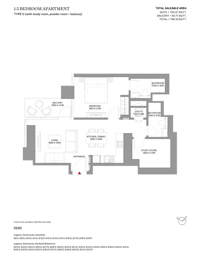 Skyscape Avenue Sobha Hartland 2 1.5 Bedroom Apartments Floor Plan