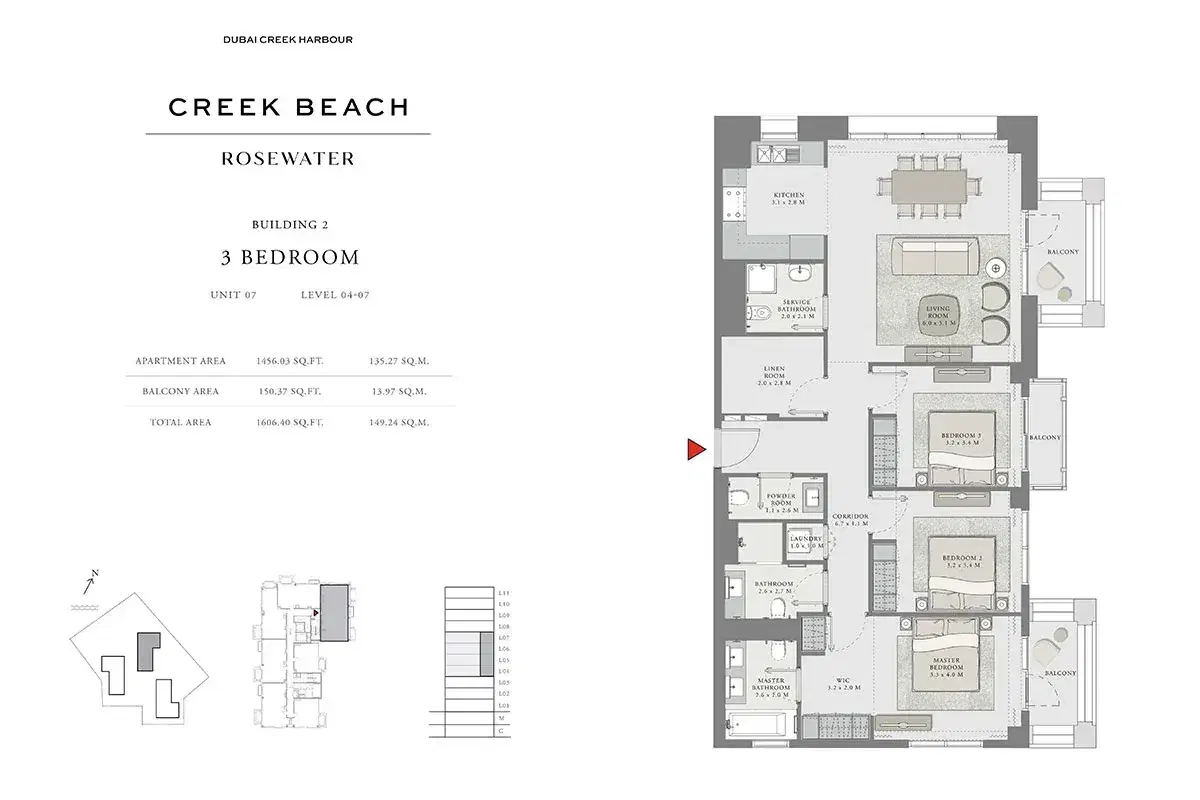 EMAAR Rosewater Dubai 3 BR Floor Plan 1,606 Sq. Ft.