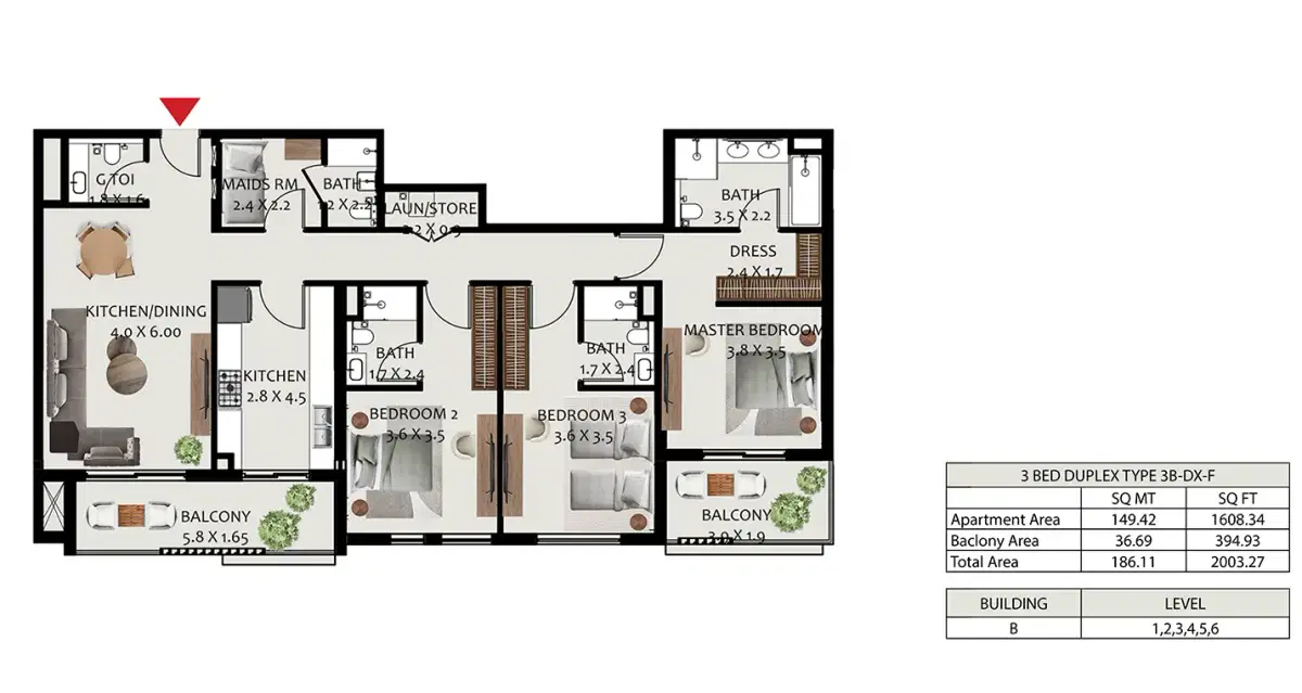 Hillside Residences 3 at Wasl Gate 3 BR Duplexes Floor Plan