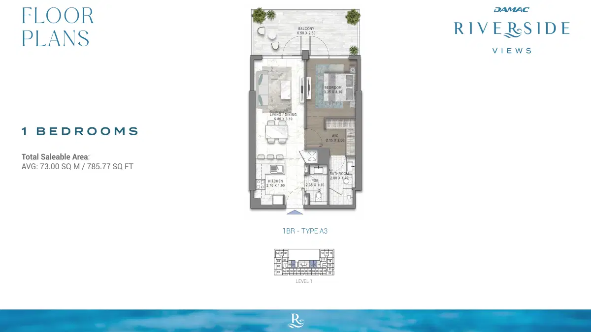 Damac Riverside Views Dubai 1 Bedroom Apartment Floor Plan
