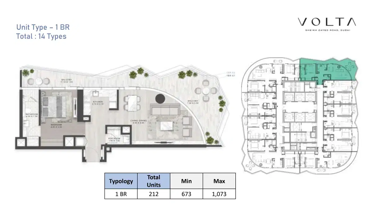 DAMAC Volta Dubai 1 BR Floor Plan 1,073 Sq. Ft.