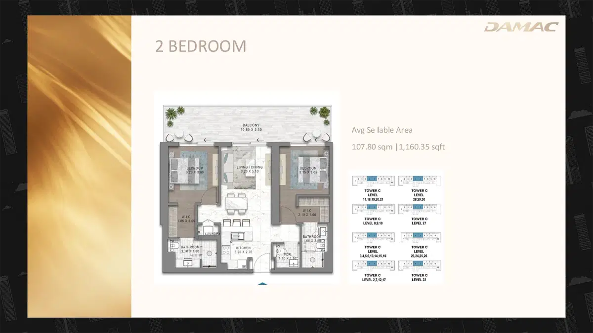 DAMAC Seacrest 2 BR Floor Plan 1,160 Sq. Ft.