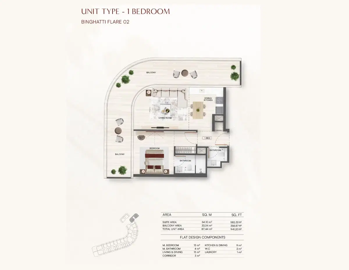 Binghatti Flare at Jumeirah Village Triangle 1 BR Floor Plan 941 Sq. Ft.