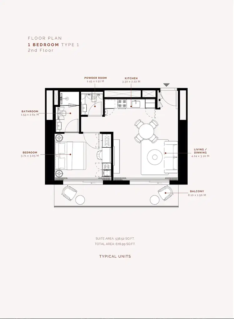 Milan Heights Azizi at City of Arabia 1 BR Floor Plan 678 Sq. Ft.