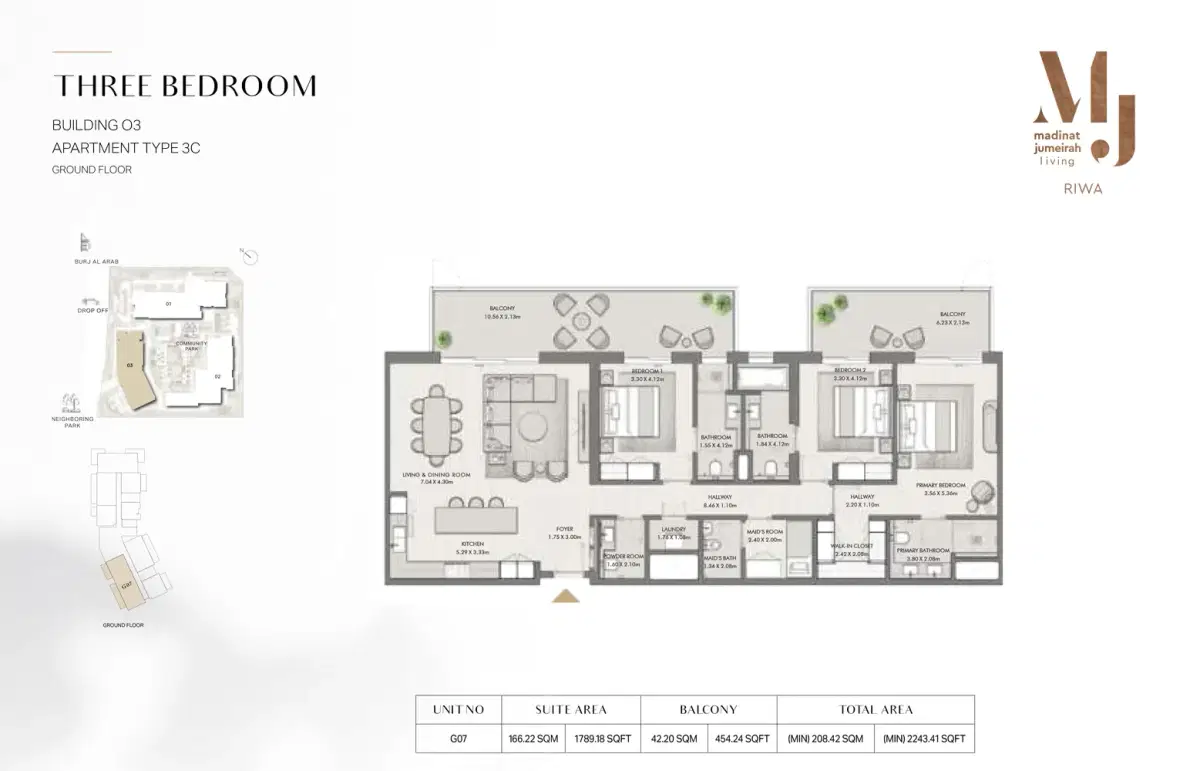 Meraas Riwa Dubai 3 BR Floor Plan 2,243 Sq. Ft.