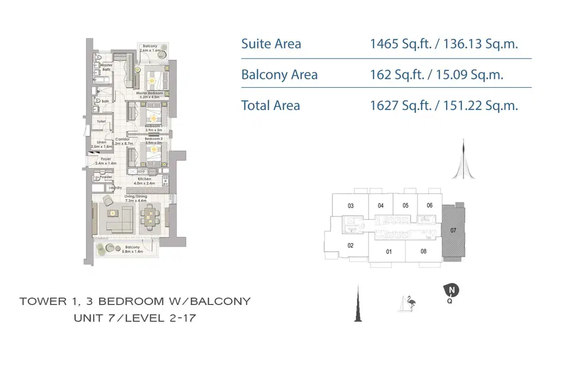 EMAAR Creek Horizon Dubai 3 BR Floor Plan 1,627 Sq. Ft.