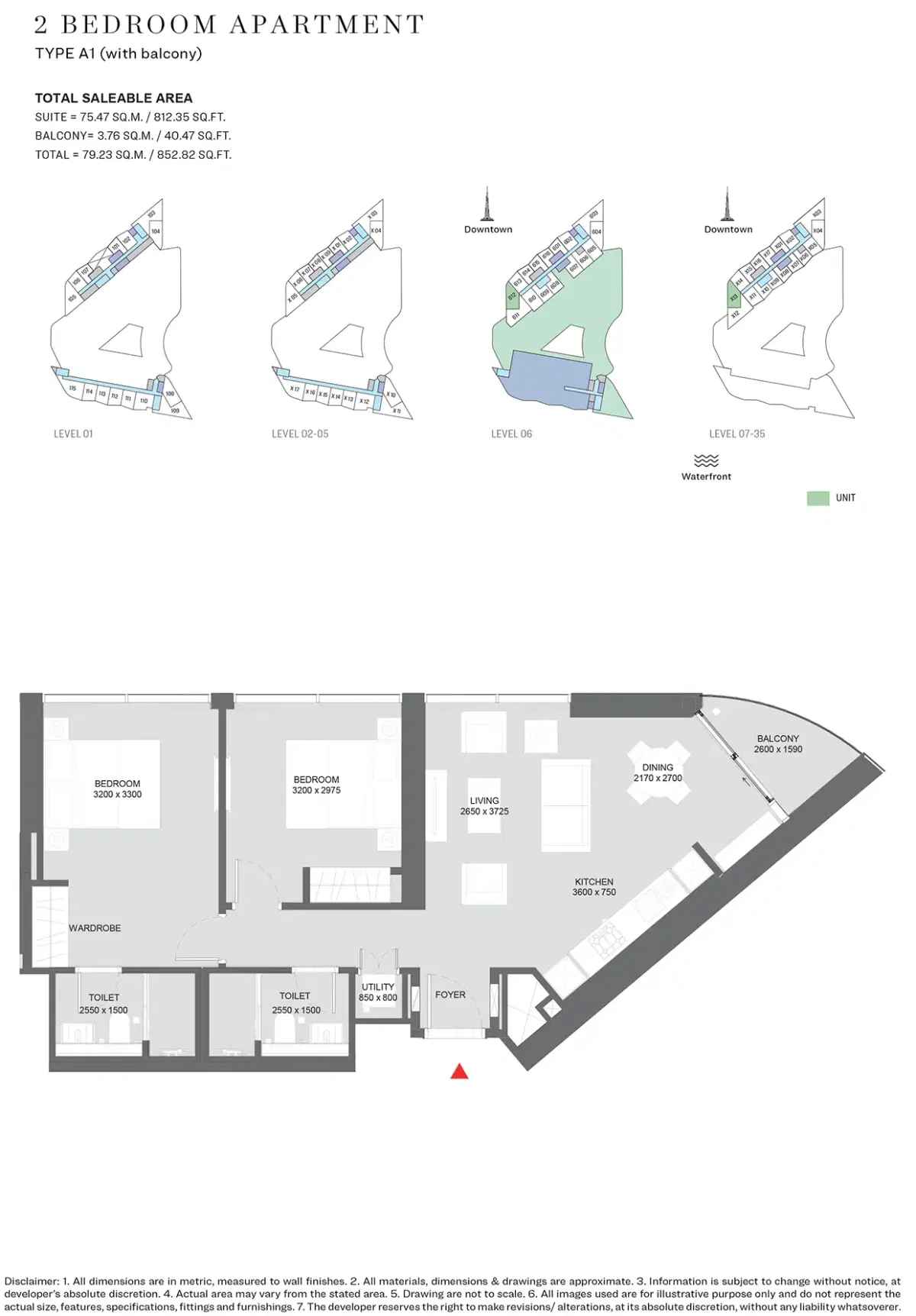 Waves Heights by SOBHA Realty Floor Plan  2 BR Floor Plan 852 Sq. Ft.