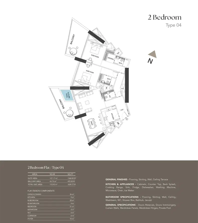 Binghatti Phantom Dubai 2 BR Floor Plan 1,839 Sq. Ft.