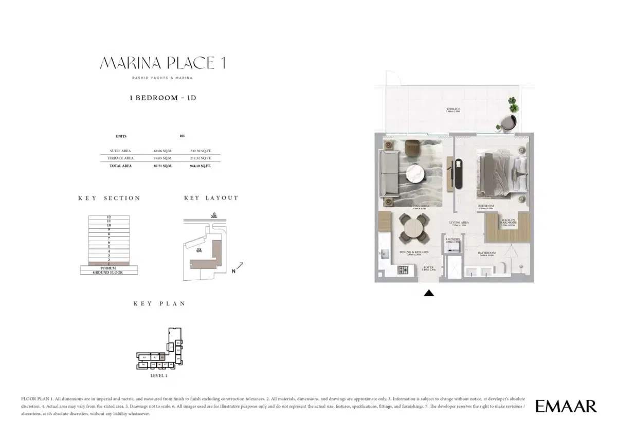 Emaar Marina Place 1 BR Floor Plan 944 Sq. Ft.