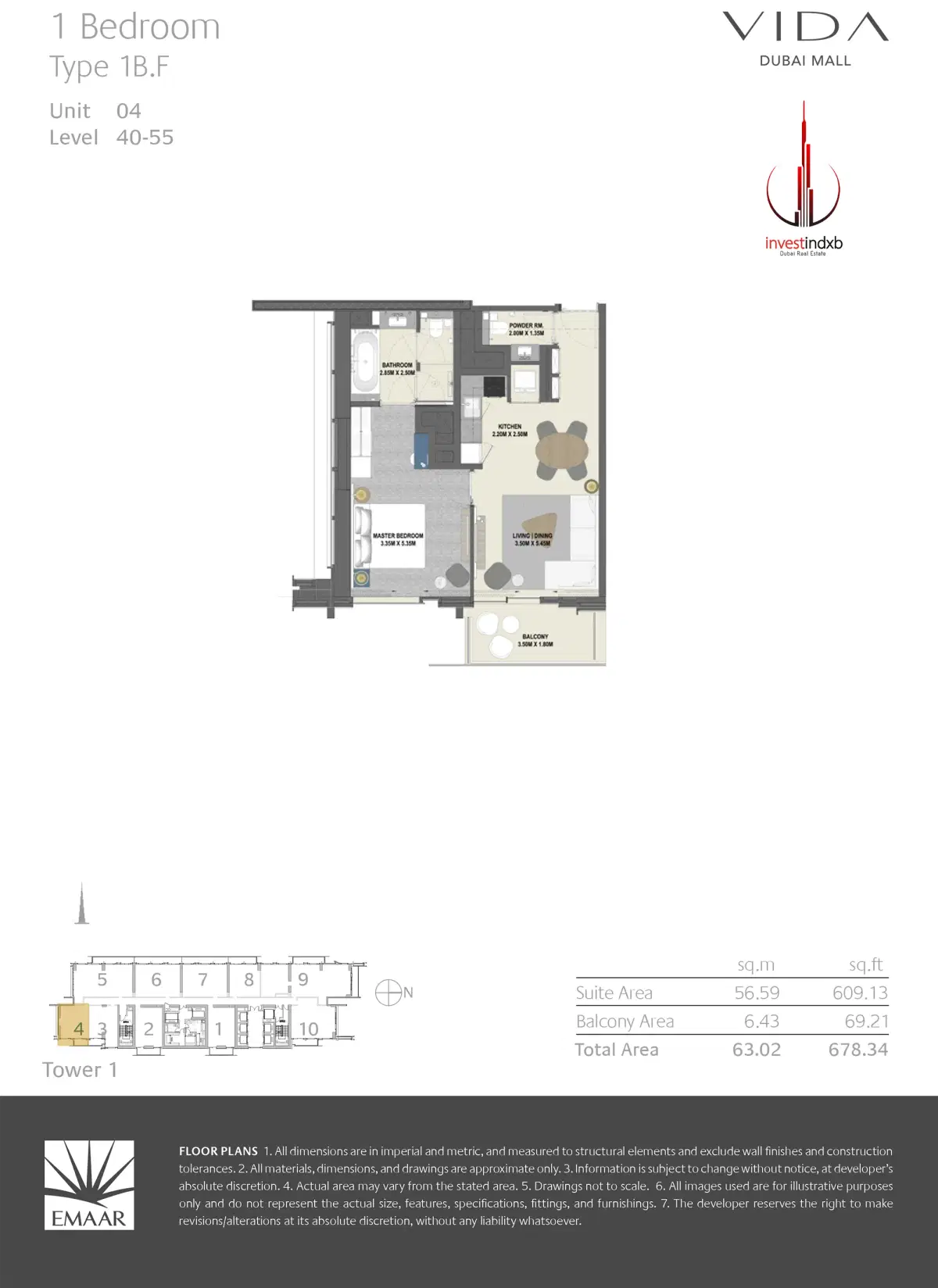 EMAAR Vida Dubai Mall Residences 1 BR Floor Plan 678 Sq. Ft.