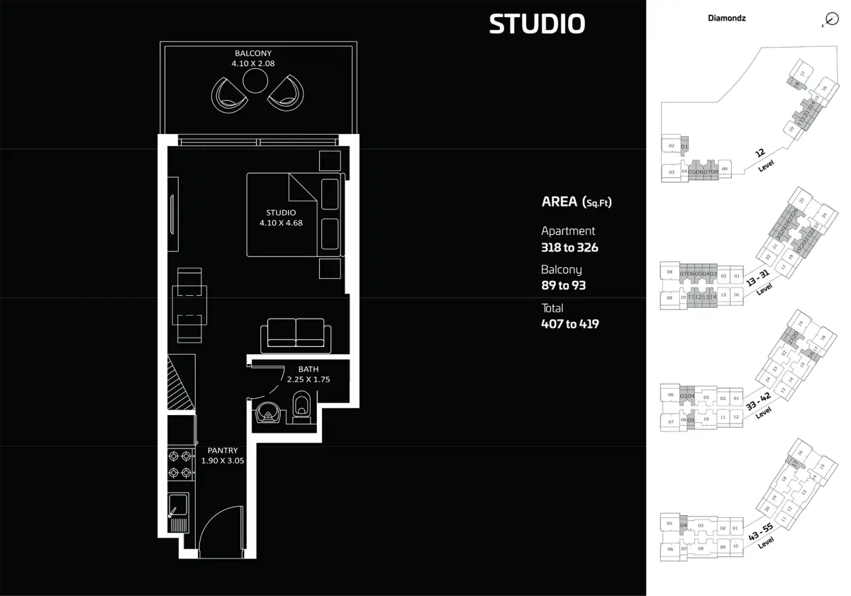 Danube Diamondz Dubai Studios Floor Plan 407 Sq. Ft.