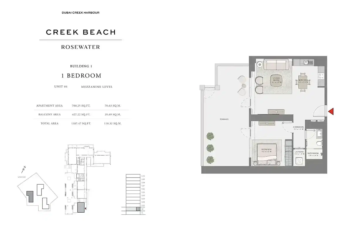EMAAR Rosewater Dubai 1 BR Floor Plan 1,187 Sq. Ft.