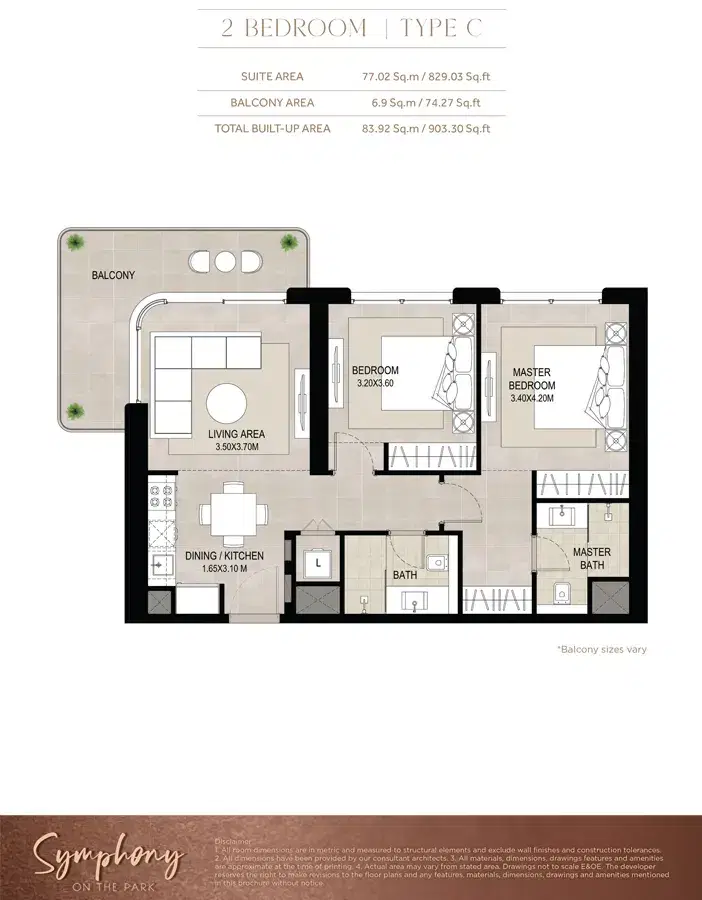 NSHAMA Symphony Dubai 2 BR Floor Plan 903 Sq. Ft.