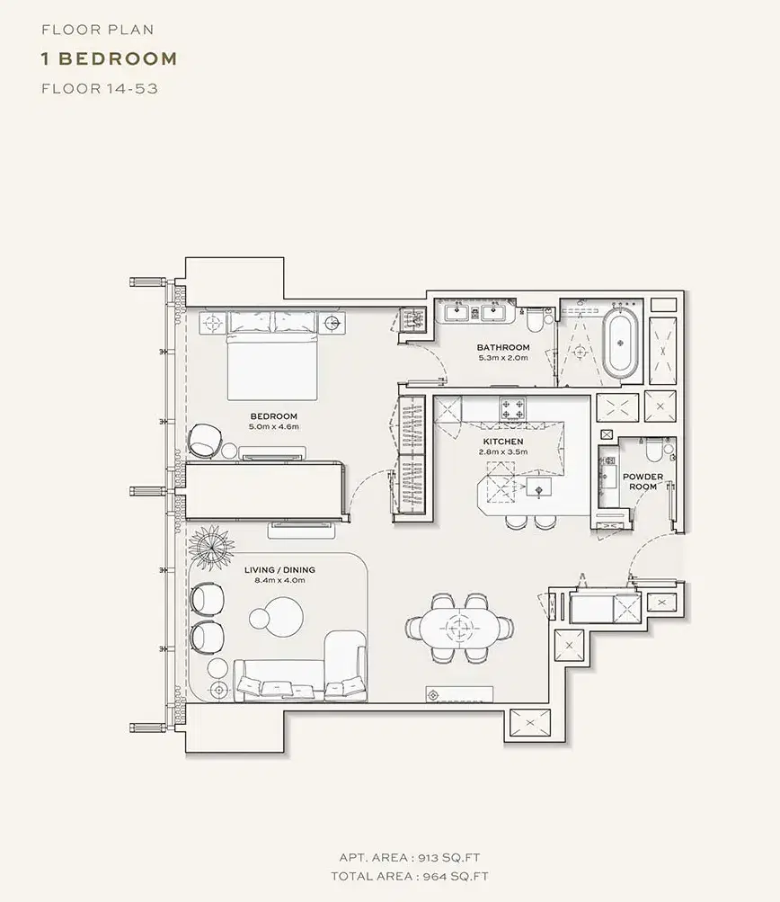 Burj Azizi Tower by Azizi Developments 1 BR Floor Plan 964 Sq. Ft.
