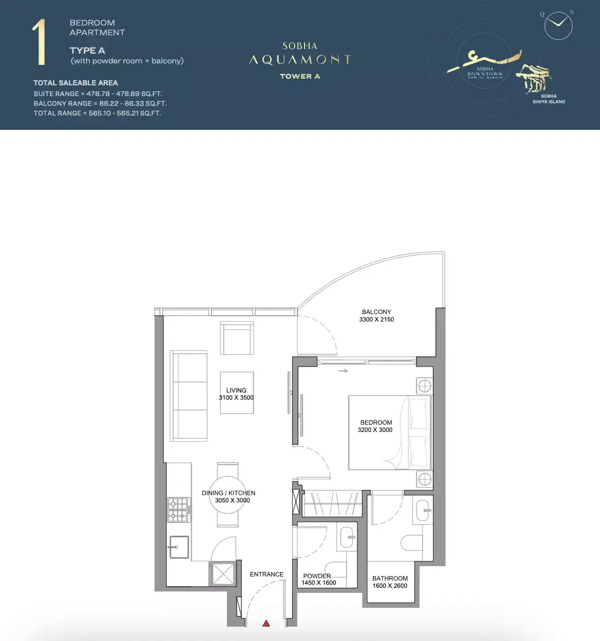 Aquamont at Downtown Umm Al Quwain 1 BR Floor Plan 565 Sq. Ft.