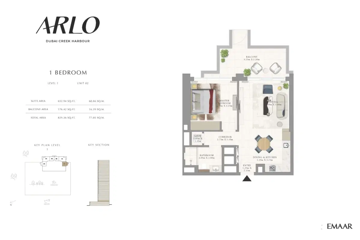 Emaar ARLO Dubai 1 BR Floor Plan 829 Sq. Ft.