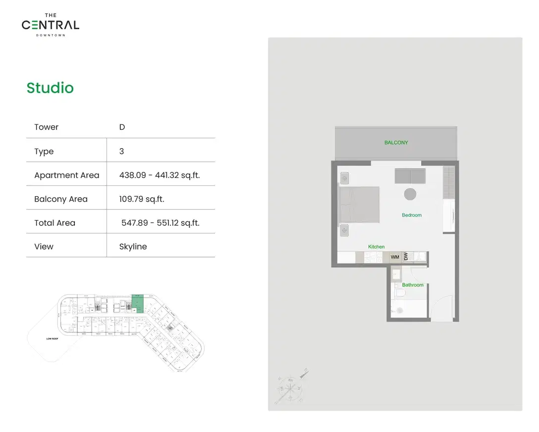 AQUA The Central Downtown Studios Floor Plan 551 Sq. Ft.