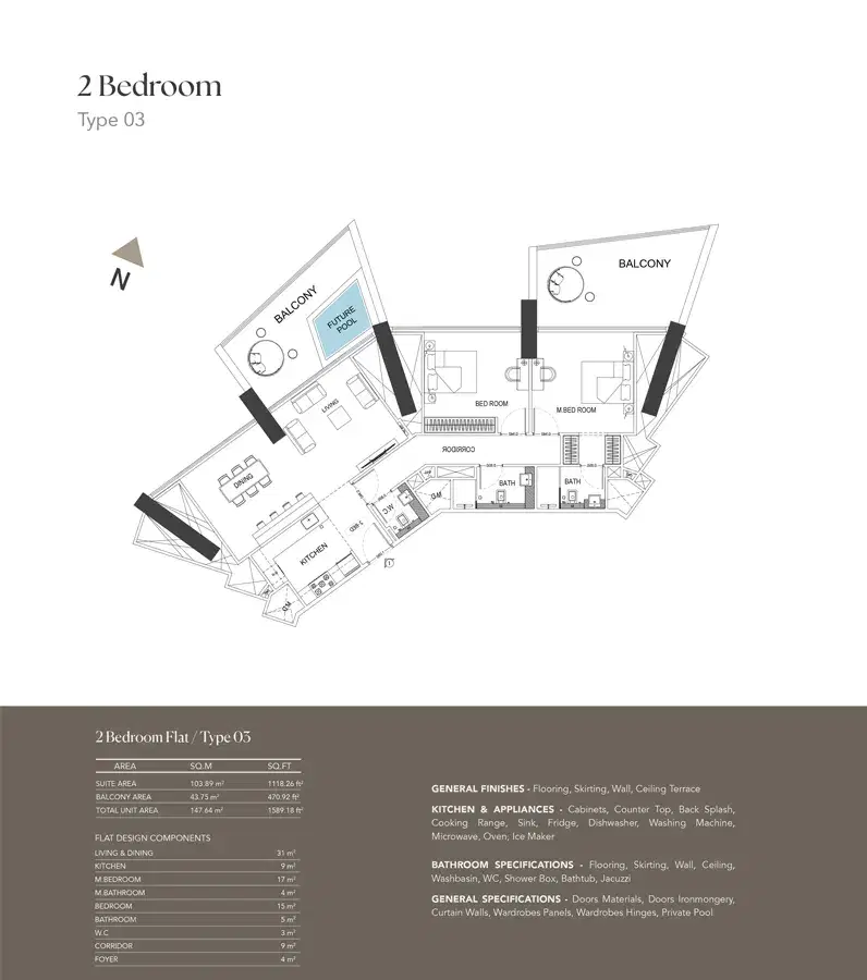 Binghatti Phantom Dubai 2 BR Floor Plan 1,589 Sq. Ft.