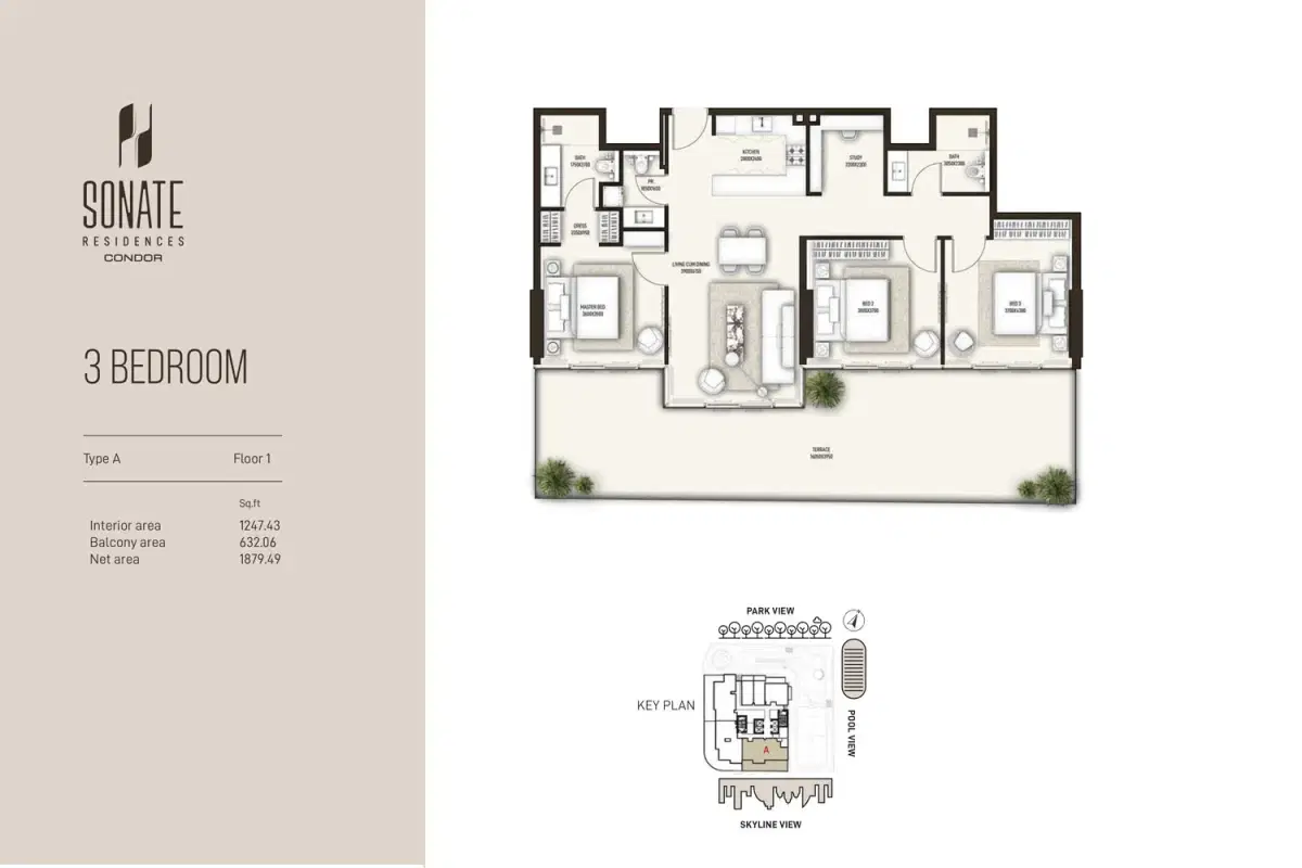 Sonate Residences Jumeriah Village Triangle 3 BR Apartment Floor Plan