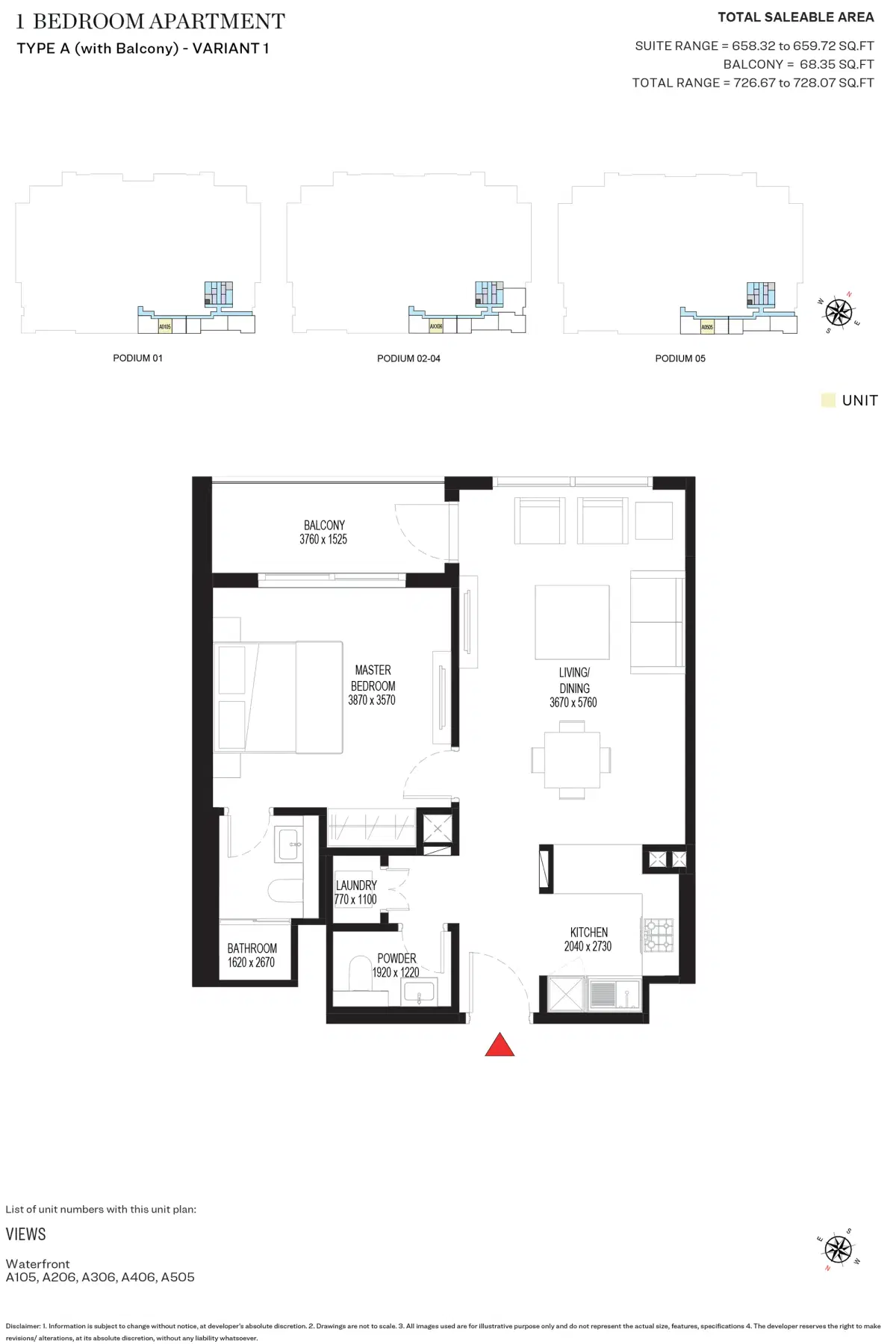 SOBHA Crest Grande Dubai 1 BR Floor Plan 726 Sq. Ft.